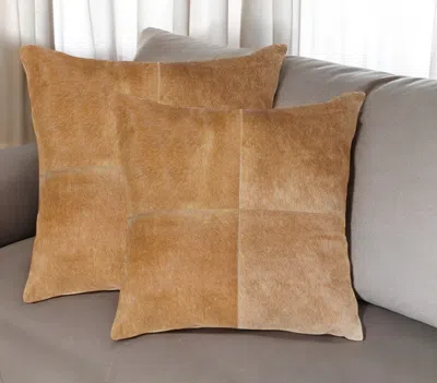Hivvago Set Of Two 18" Tan Cowhide Throw Pillows In Brown