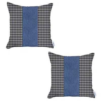 Hivvago Set Of Two 18" X 18" White And Blue Houndstooth Zippered Handmade Polyester Throw Pillow In Multi