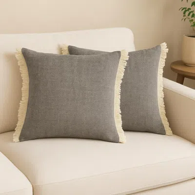 Hivvago Set Of Two 20" Gray And Off White Cotton Throw Pillows With Fringe