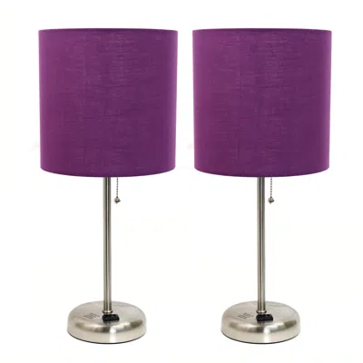 Hivvago Set Of Two 20" Silver Metal Table Lamp With Purple Drum Shade