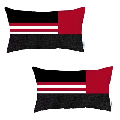 Hivvago Set Of Two 20" X 12" Red Striped Zippered Handmade Polyester Lumbar Pillow In Black