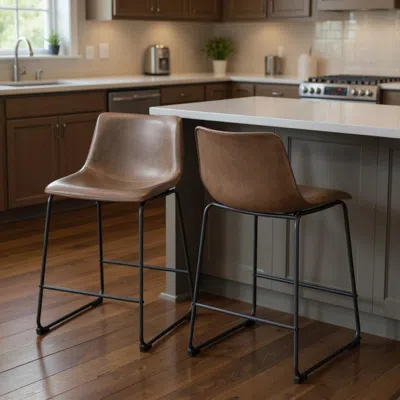 Hivvago Set Of Two 24" Espresso And Black Faux Leather And Steel Counter Height Bar Chairs In Brown
