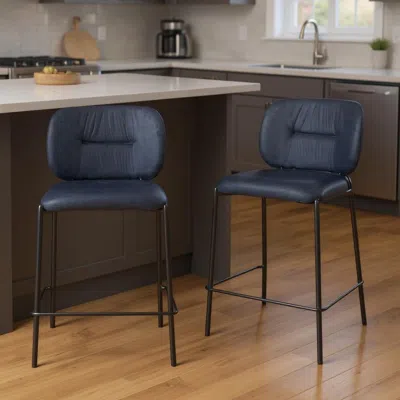 Hivvago Set Of Two 25" Blue And Black Velvet And Steel Counter Height Bar Chairs