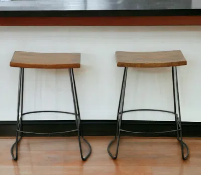 Hivvago Set Of Two 25" Chestnut And Black Solid Wood And Steel Backless Counter Height Bar Chairs In Brown