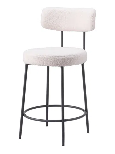 Hivvago Set Of Two 25" Ivory And Black Shearling And Steel Low Back Counter Height Bar Chairs In White
