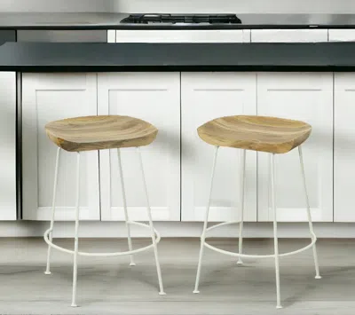 Hivvago Set Of Two 25" Natural And White Solid Wood And Steel Backless Counter Height Bar Chairs In Multi