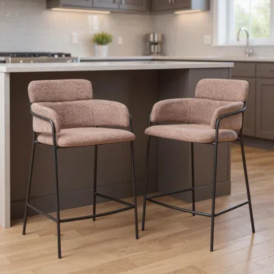 Hivvago Set Of Two 26" Brown And Black Faux Shearling And Steel Counter Height Bar Chairs