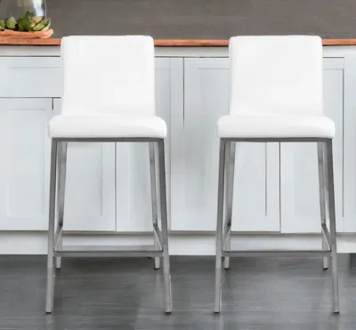 Hivvago Set Of Two 26" White And Silver Steel Low Back Counter Height Bar Chairs