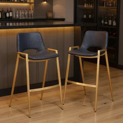 Hivvago Set Of Two 30" Black And Gold Faux Leather And Steel Low Back Bar Height Bar Chairs In Brown