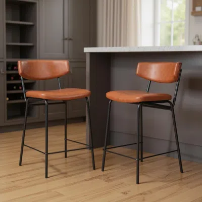Hivvago Set Of Two 30" Brown And Black Faux Leather And Steel Low Back Bar Height Bar Chairs