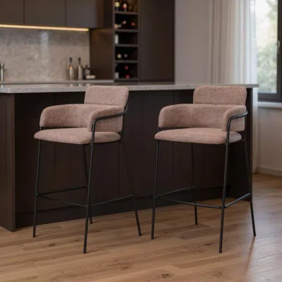 Hivvago Set Of Two 30" Brown And Black Faux Shearling And Steel Bar Height Bar Chairs In Pink