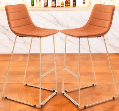Hivvago Set Of Two 30" Orange And Gold Velvet And Steel Bar Height Bar Chairs In Brown