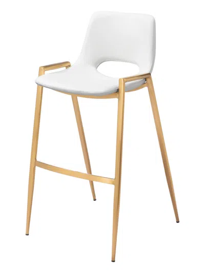 Hivvago Set Of Two 30" White And Gold Faux Leather And Steel Low Back Bar Height Bar Chairs
