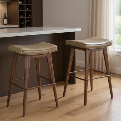 Hivvago Set Of Two 31" Taupe And Walnut Faux Leather And Steel Backless Bar Height Bar Chairs In Brown