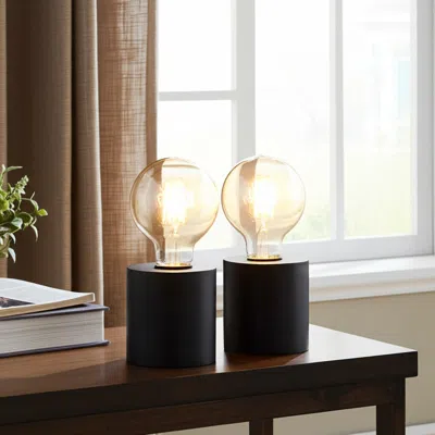 Hivvago Set Of Two 7" Black Metal Lantern Bedside Lamp Led With Clear Novelty Shade