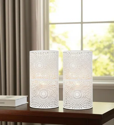Hivvago Set Of Two 8" White Metal Pattern Bedside Lamp With Black Cylinder Shade