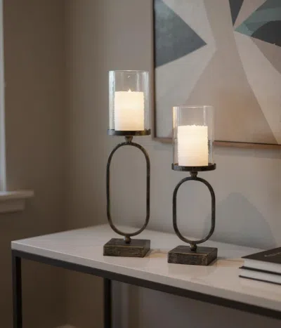 Hivvago Set Of Two Antiqued Bronze Geometric Glass And Metal Tabletop Hurricane Candle Holders In Brown