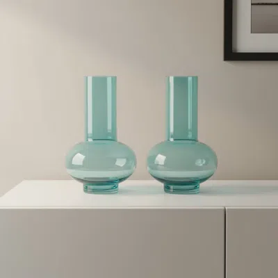 Hivvago Set Of Two Aqua Glass Round Table Vases In Green