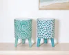 Hivvago Set Of Two Aqua Teal And White Ceramic 2 Ounce Chevron Round Distressed Pot Planters In Green