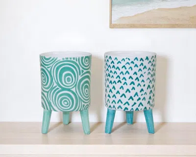 Hivvago Set Of Two Aqua Teal And White Ceramic 2 Ounce Chevron Round Distressed Pot Planters In Green
