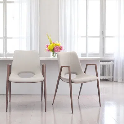 Hivvago Set Of Two Beige And Brown Upholstered Faux Leather Dining Arm Chairs In White