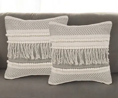 Hivvago Set Of Two Beige Striped Cotton Throw Pillow With Fringe In Gray
