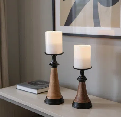 Hivvago Set Of Two Black And Brown Metal And Solid Wood Tabletop Pillar Candle Holders