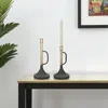 Hivvago Set Of Two Black And Gold Distressed Metal Tabletop Taper Candlesticks In Black