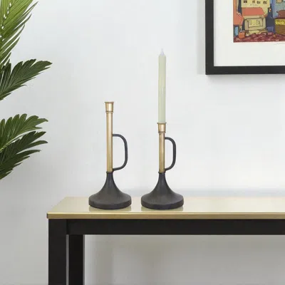 Hivvago Set Of Two Black And Gold Distressed Metal Tabletop Taper Candlesticks