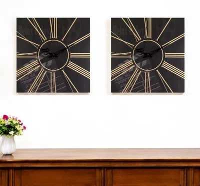Hivvago Set Of Two Black And Gold Wood Analog Square Cinema Wall Clocks In Brown