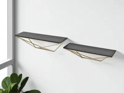 Hivvago Set Of Two Black And Gold Wood And Metal Modern Wall Mounted Accent Shelves In Gray