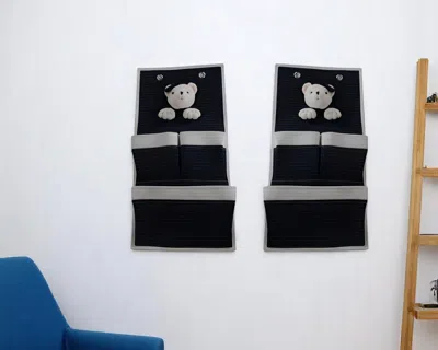 Hivvago Set Of Two Black And White Teddy Bear Three Pocket Fabric Wall Hanger