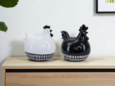 Hivvago Set Of Two Black And White Terracotta Chicken Figurines In Multi