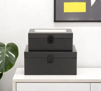 Hivvago Set Of Two Black Faux Leather And Mirrored Glass Jewelry Boxes
