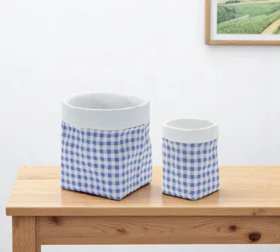 Hivvago Set Of Two Blue And White Cement 7 Ounce Gingham Pot Planters