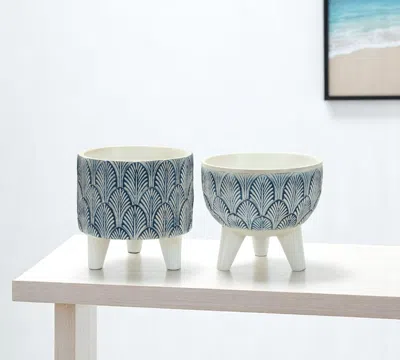 Hivvago Set Of Two Blue And White Polyresin Geometric Pot Planters