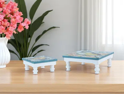 Hivvago Set Of Two Blue And White Solid And Manufactured Wood Floral Square Riser Tray
