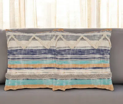Hivvago Set Of Two Blue Striped Cotton Throw Pillow With Fringe In Multi