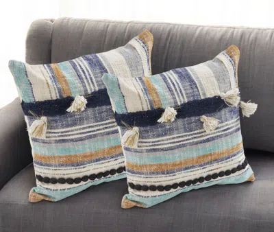 Hivvago Set Of Two Blue Striped Cotton Throw Pillow With Tassels In Multi