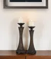 Hivvago Set Of Two Bronze Polyresin Woven Tabletop Pillar Candle Holders With Candle In Metallic