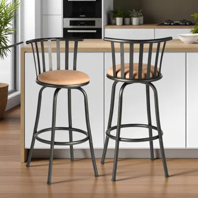 Hivvago Set Of Two Brown And Black Faux Leather And Iron Low Back Adjustable Height Swivel Bar Chairs