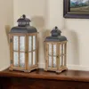 Hivvago Set Of Two Brown And Black Frosted Glass Wood And Metal Floor Lantern Candle Holders In Brown