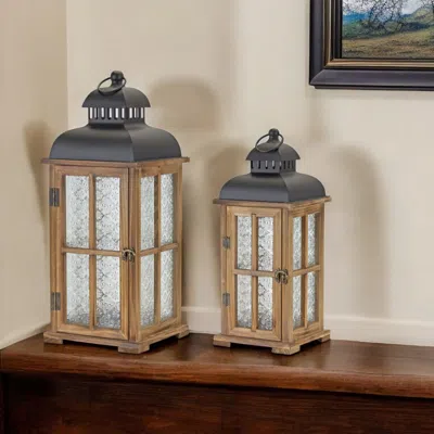 Hivvago Set Of Two Brown And Black Frosted Glass Wood And Metal Floor Lantern Candle Holders