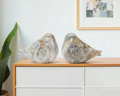 Hivvago Set Of Two Brown Blue And Ivory Faux Marble Bird Figurines In Multi