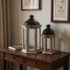 Hivvago Set Of Two Brown Geometric Metal And Solid Wood Floor Lantern Candle Holders In Neutral