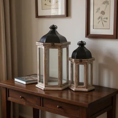 Hivvago Set Of Two Brown Geometric Metal And Solid Wood Floor Lantern Candle Holders In Neutral