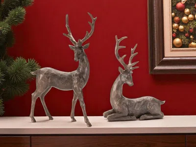 Hivvago Set Of Two Brown Polyresin Deer Figurine In Metallic