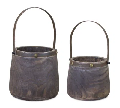 Hivvago Set Of Two Brown Round Wood Table Vase In Gray