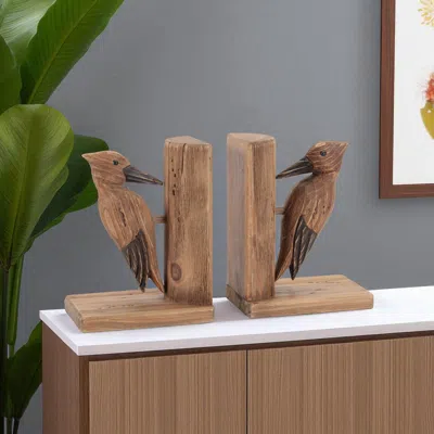 Hivvago Set Of Two Brown Wood Bird Decorative Bookends