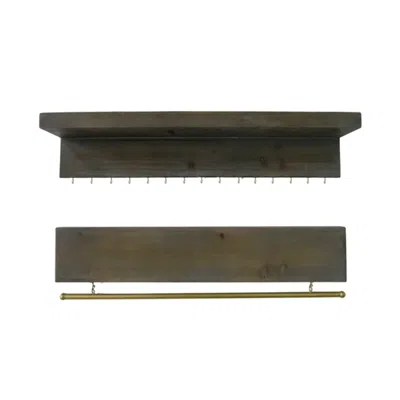 Hivvago Set Of Two Brown Wood Wall Mounted Accent Shelves With Hooks In Green